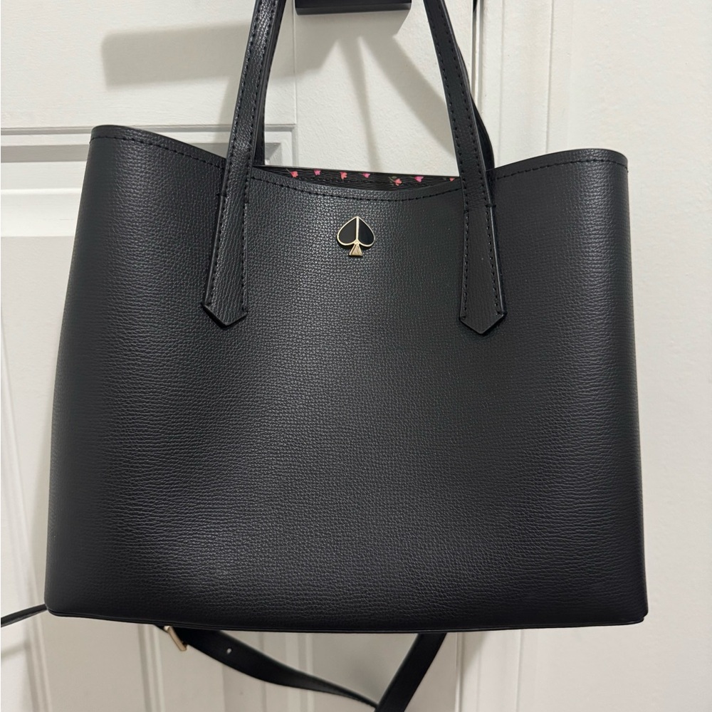 kate spade Black Leather Tote with Gold Spade Accent